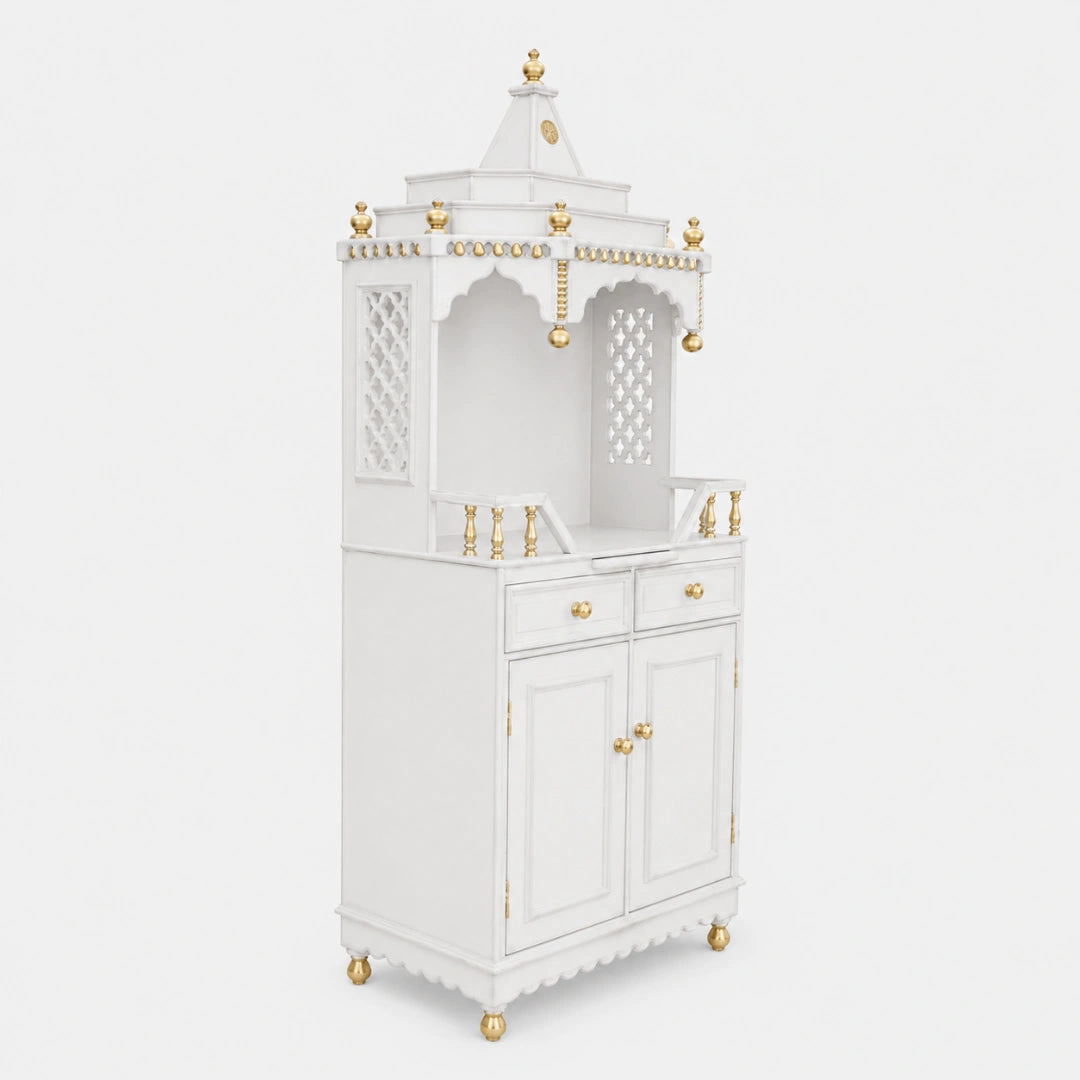 Brahma Kostha Large Floor Rested Pooja Mandap (White Gold) Side View