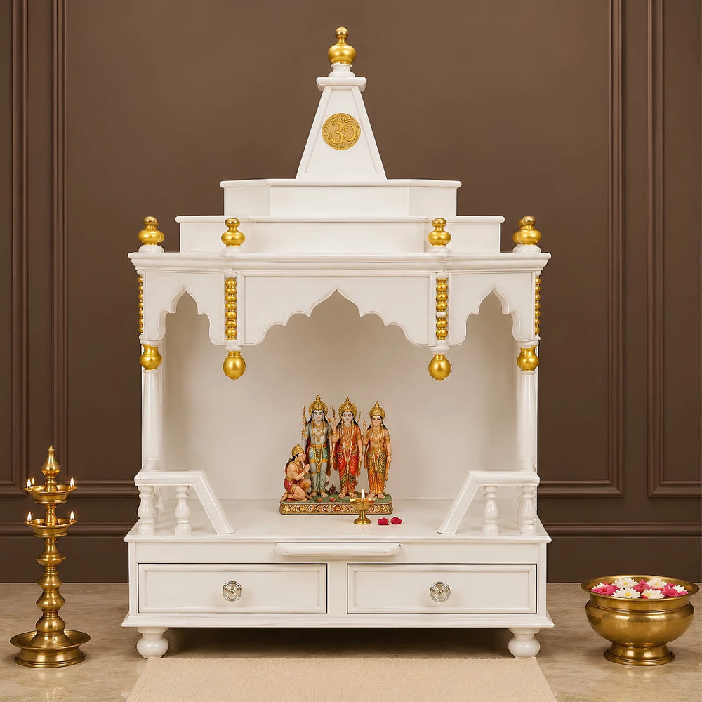 Brahma Shray Floor Rested Pooja Mandir without Door (White Gold) Lifestyle View