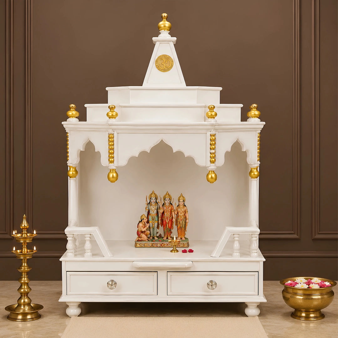 Brahma Shray Floor Rested Pooja Mandir without Door (White Gold) Lifestyle View
