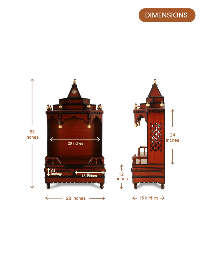 Brahma Sthana Medium Floor Rested Pooja Mandir (Brown Gold) dimensions
