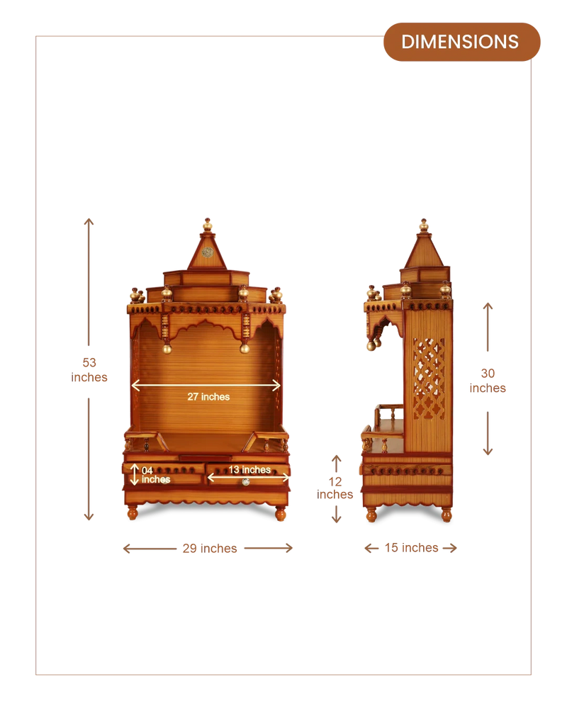 Brahma Sthana Medium Floor Rested Pooja Mandir (Teak Gold) dimensons
