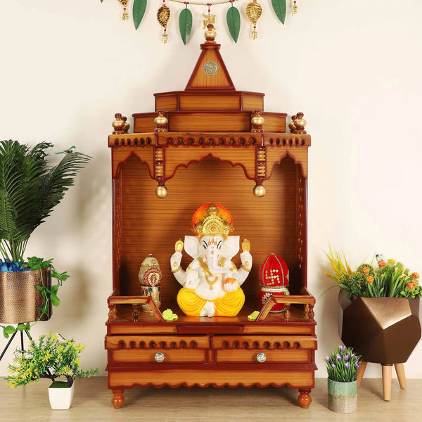 Brahma Sthana Medium Floor Rested Pooja Mandir (Teak Gold) lifestyle view