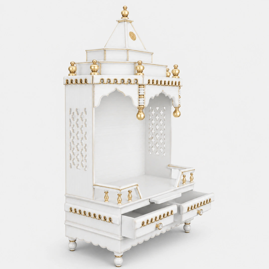Brahma Sthana Medium Floor Rested Pooja Mandir (White Gold) Side View Open Drawer