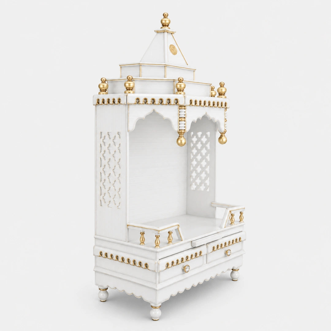 Brahma Sthana Medium Floor Rested Pooja Mandir (White Gold) Side View
