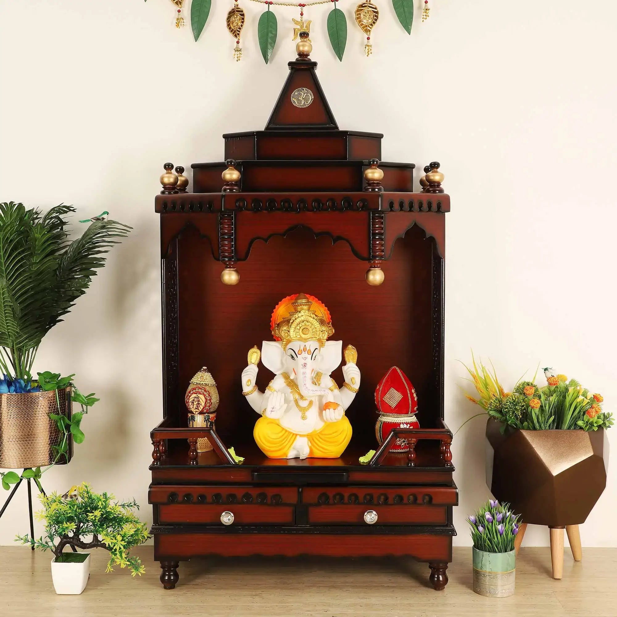 Brahma Sthana Medium Floor Rested Pooja Mandir in Brown Gold color lifestyle image