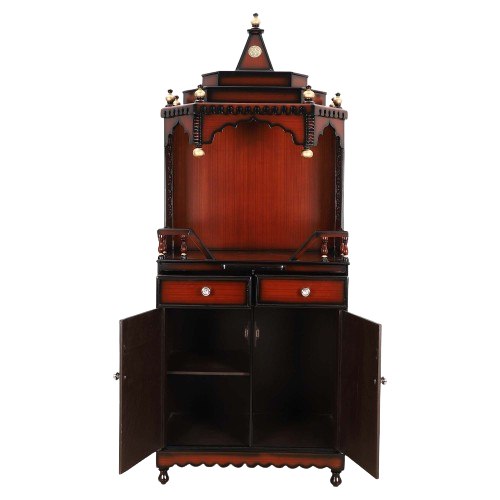 Brahma Kostha Large Floor Rested Pooja Mandap/Wooden temple for home in Brown Gold color front view open drawers