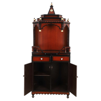 Brahma Kostha Large Floor Rested Pooja Mandap/Wooden temple for home in Brown Gold color front view open drawers