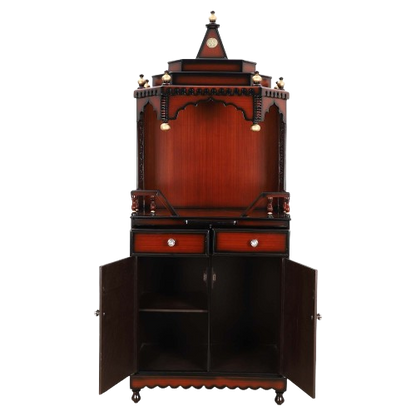 Brahma Kostha Large Floor Rested Pooja Mandap/Wooden temple for home in Brown Gold color front view open drawers