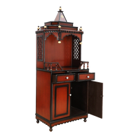 Brahma Kostha Large Floor Rested Pooja Mandap/Wooden temple for home in Brown Gold color 45° side view open drawers