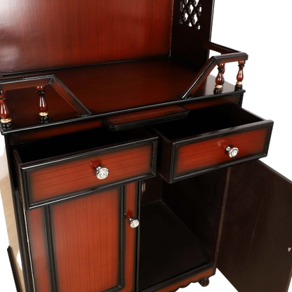 Brahma Kostha Large Floor Rested Pooja Mandap/Wooden temple for home in Brown Gold color zoom view open drawers