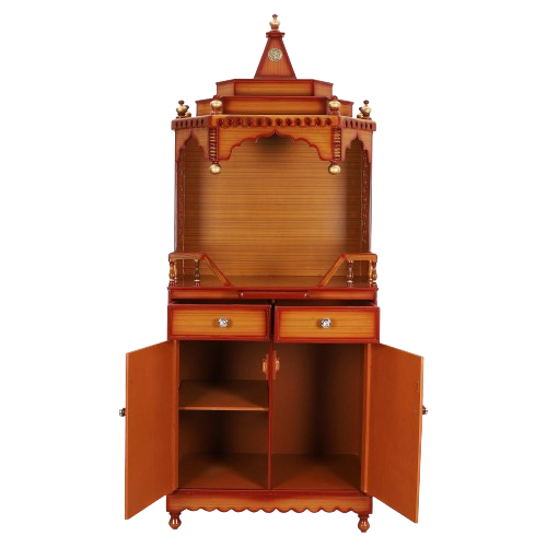 Brahma Kostha Large Floor Rested Pooja Mandap/Wooden temple with doors for home in Teak Gold color front view open drawers