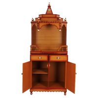 Brahma Kostha Large Floor Rested Pooja Mandap/Wooden temple with doors for home in Teak Gold color front view open drawers