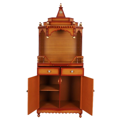 Brahma Kostha Large Floor Rested Pooja Mandap/Wooden temple with doors for home in Teak Gold color front view open drawers