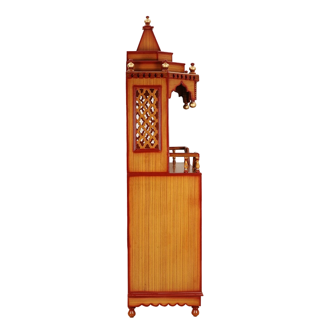 Brahma Kostha Large Floor Rested Pooja Mandap/Wooden temple with doors for home in Teak Gold color side view featuring jali design