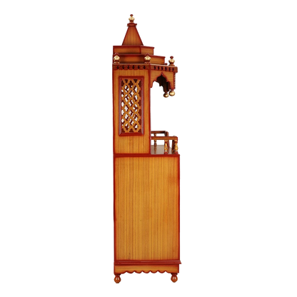 Brahma Kostha Large Floor Rested Pooja Mandap/Wooden temple with doors for home in Teak Gold color side view featuring jali design