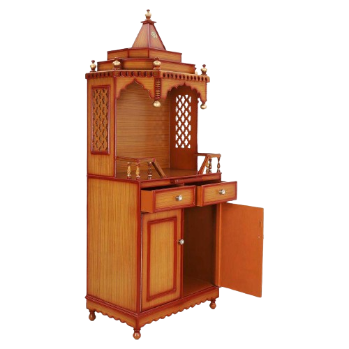 Brahma Kostha Large Floor Rested Pooja Mandap/Wooden temple with doors for home in Teak Gold color 45° side view open drawers