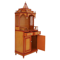 Brahma Kostha Large Floor Rested Pooja Mandap/Wooden temple with doors for home in Teak Gold color 45° side view open drawers