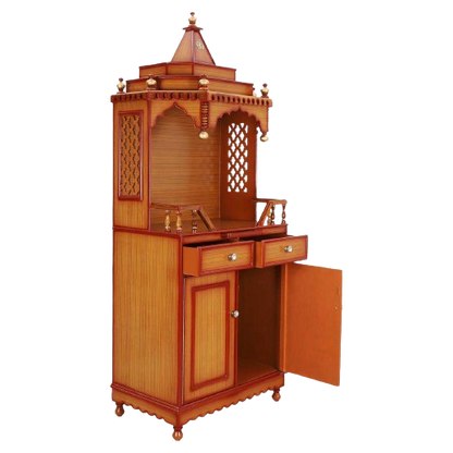 Brahma Kostha Large Floor Rested Pooja Mandap/Wooden temple with doors for home in Teak Gold color 45° side view open drawers