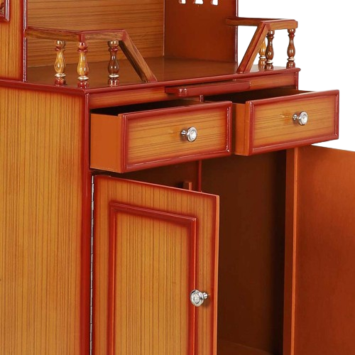 Brahma Kostha Large Floor Rested Pooja Mandap/Wooden temple with doors for home in Teak Gold color zoom view open drawers