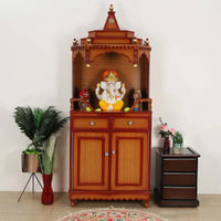 Brahma Kostha Large Floor Rested Pooja Mandap in Teak Gold color lifestyle image