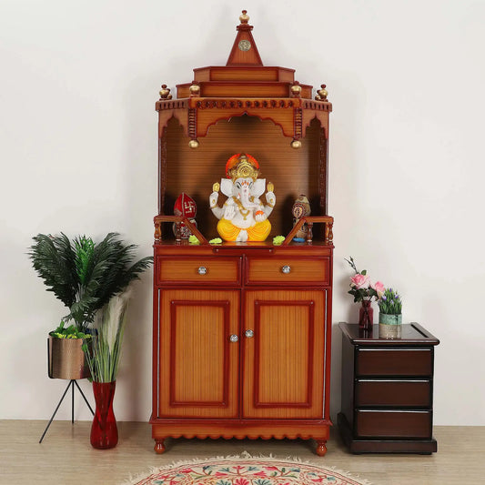Brahma Kostha Large Floor Rested Pooja Mandap in Teak Gold color lifestyle image