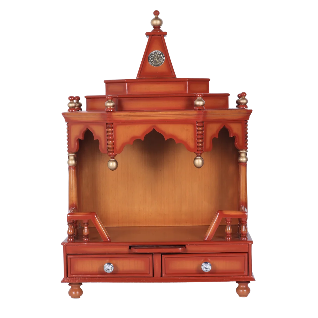 Brahma Shray Teak Wood Floor Rested Pooja Mandir Teak Gold