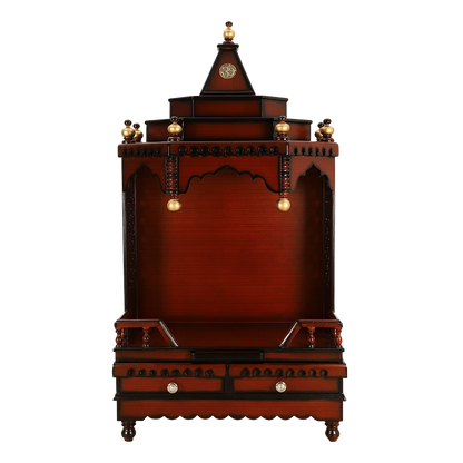 Brahma Sthana Medium Floor Rested Pooja Mandir/Wooden temple for home in Brown Gold color front view open drawers