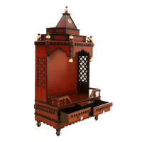 Brahma Sthana Medium Floor Rested Pooja Mandir/Wooden temple for home in Brown Gold color 45° side view open drawers