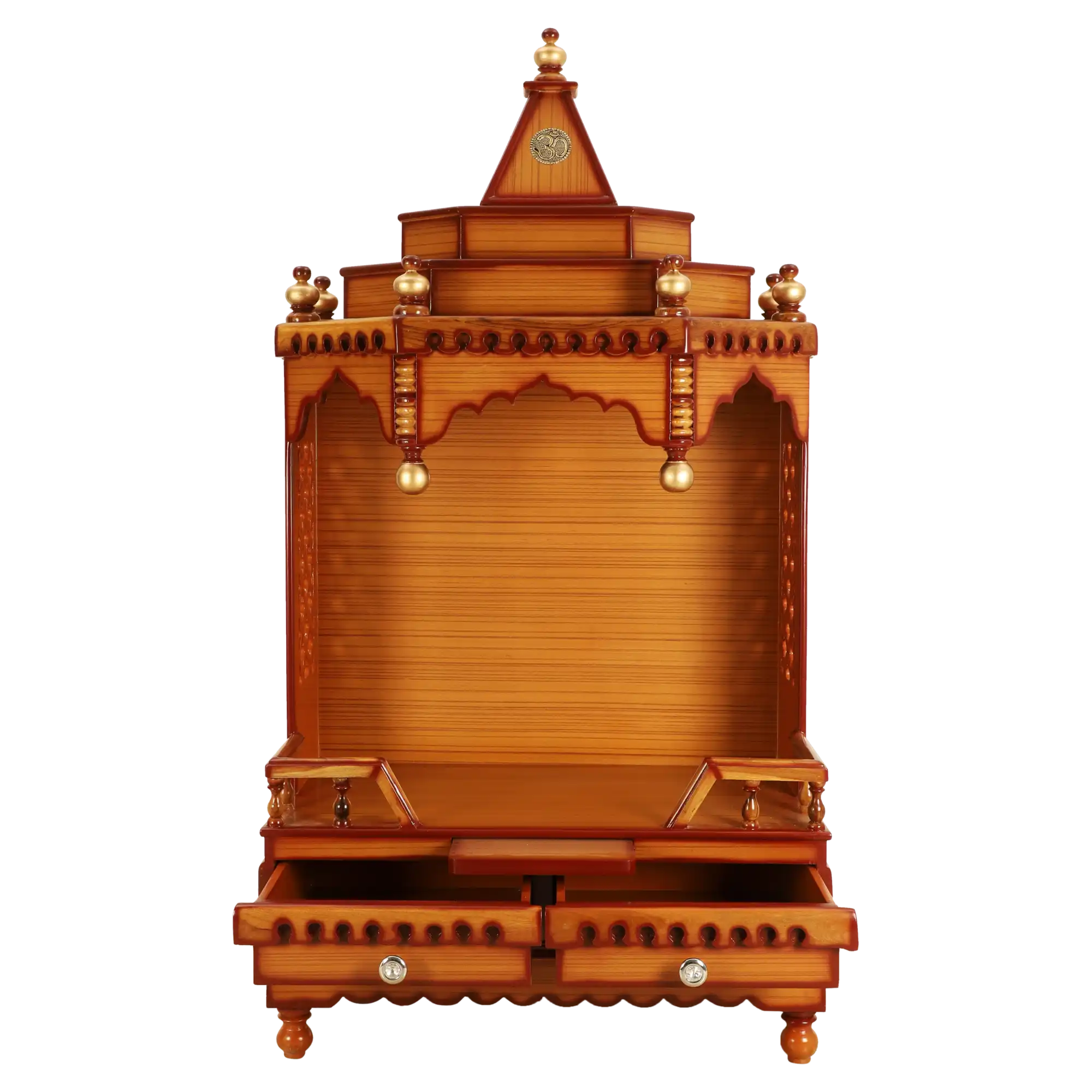 Brahma Sthana Medium Floor Rested Pooja Mandir/Wooden temple for home in Teak Gold color front view