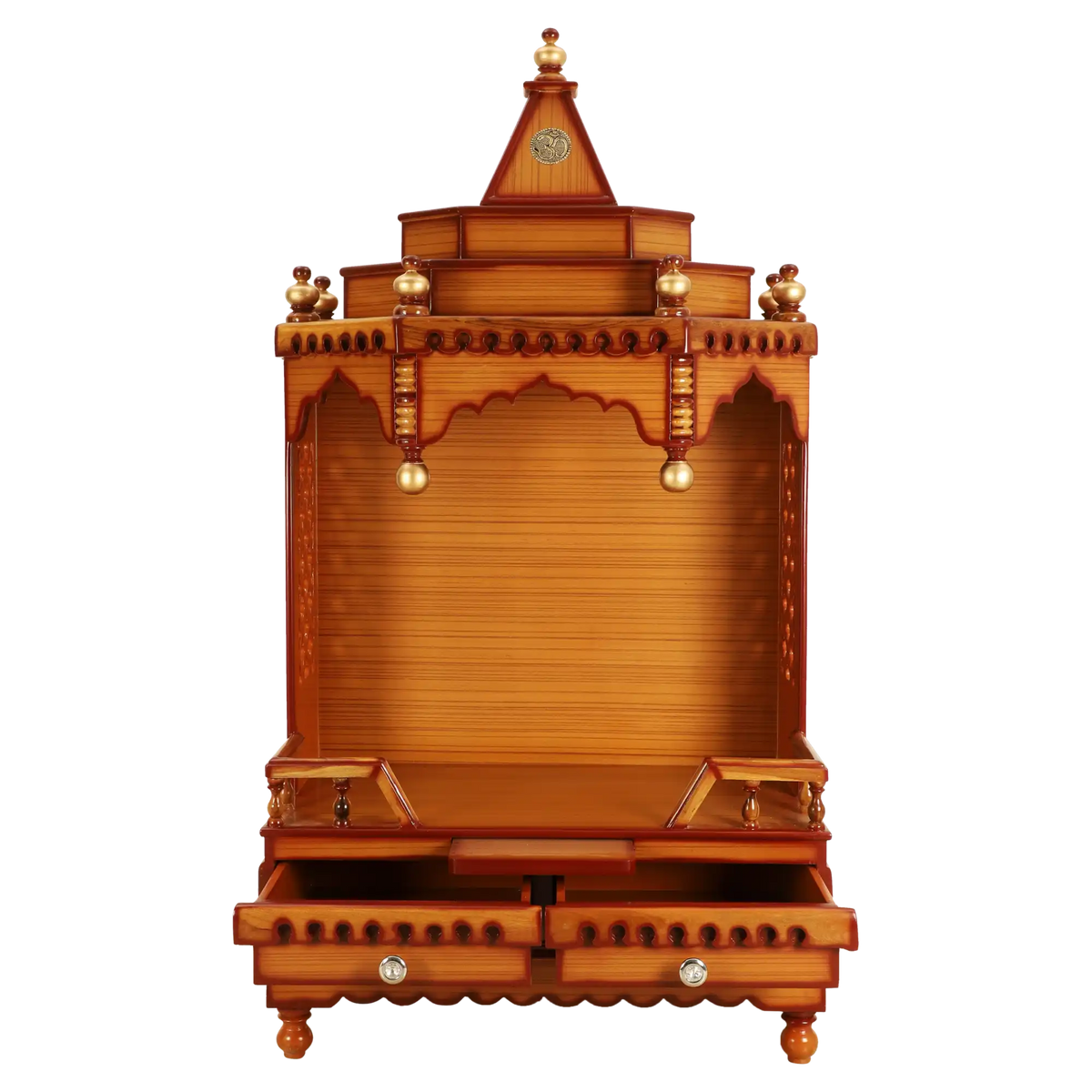 Brahma Sthana Medium Floor Rested Pooja Mandir/Wooden temple for home in Teak Gold color front view