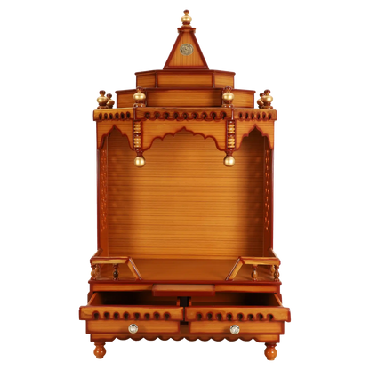 Brahma Sthana Medium Floor Rested Pooja Mandir/Wooden temple for home in Teak Gold color front view