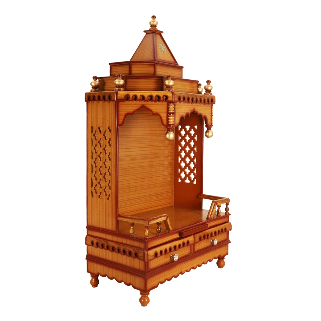 Brahma Sthana Medium Floor Rested Pooja Mandir/Wooden temple for home in Teak Gold color 45° side view