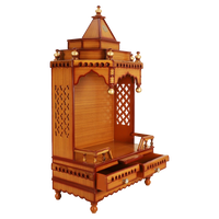 Brahma Sthana Medium Floor Rested Pooja Mandir/Wooden temple for home in Teak Gold color 45° side view open drawers