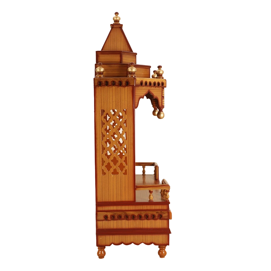 Brahma Sthana Medium Floor Rested Pooja Mandir/Wooden temple for home in Teak Gold color side view featuring jali design