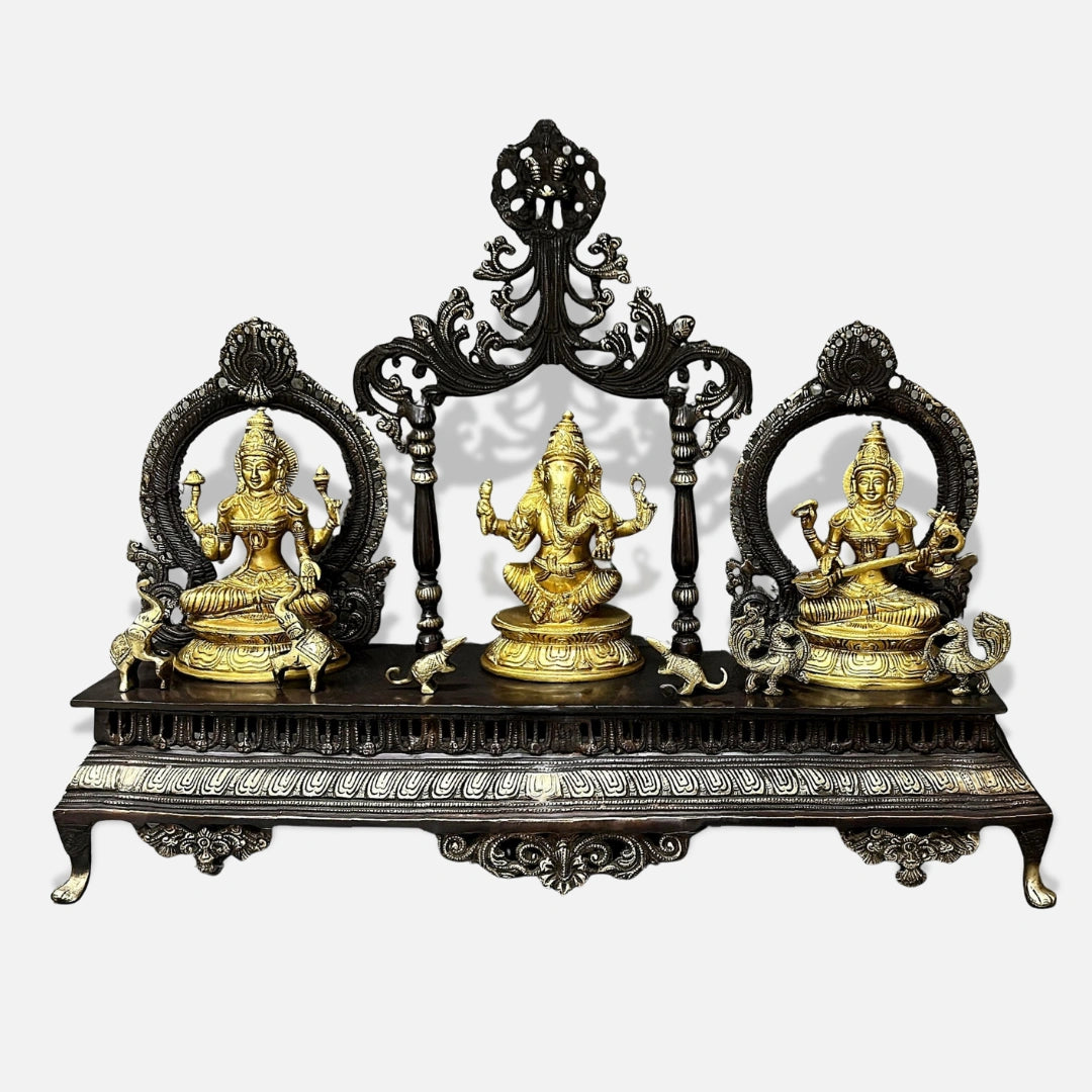 Brass Lakshmi ganesh Saraswati Idol with Singhasan 1 front view 
