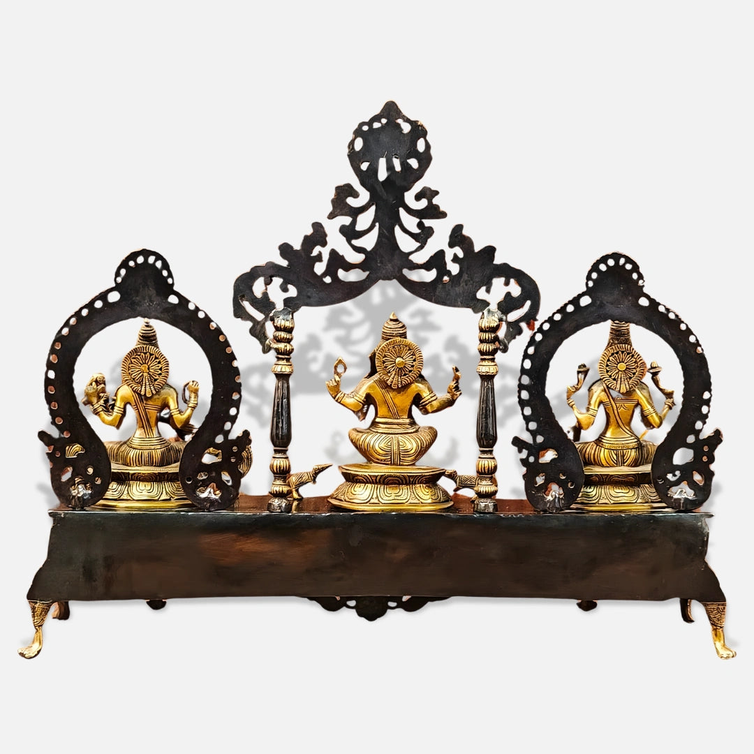 Brass Lakshmi ganesh Saraswati Idol with Singhasan 2 back image 