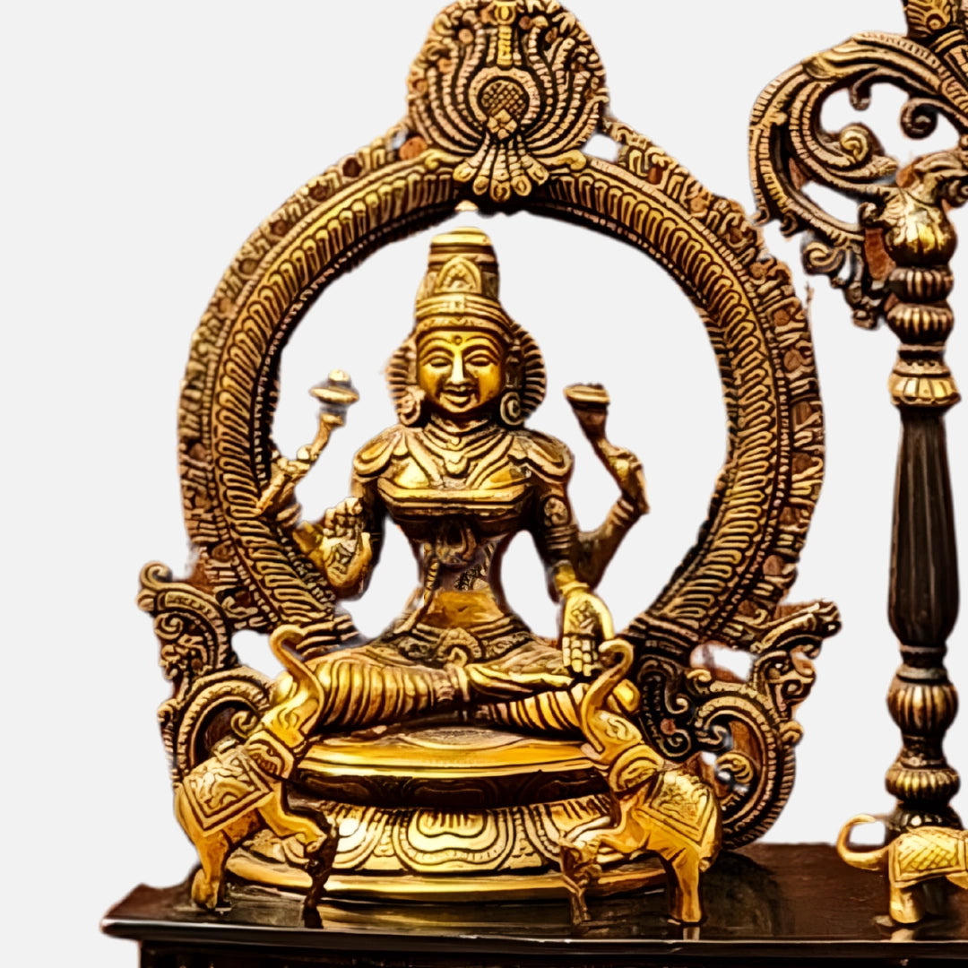 Brass Lakshmi ganesh Saraswati Idol with Singhasan 2close view image