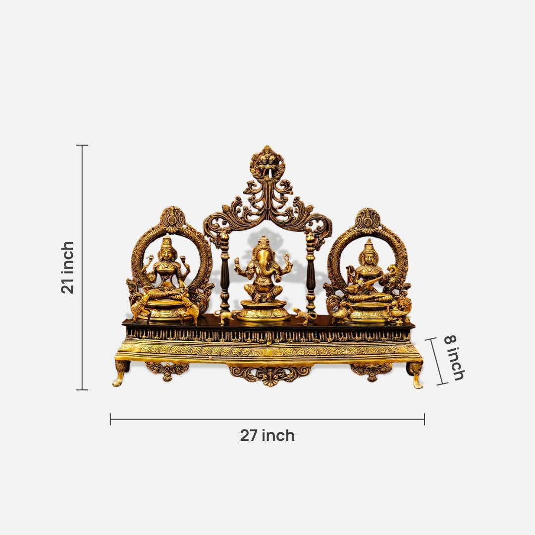 Brass Lakshmi ganesh Saraswati Idol with Singhasan 2dimensions image 