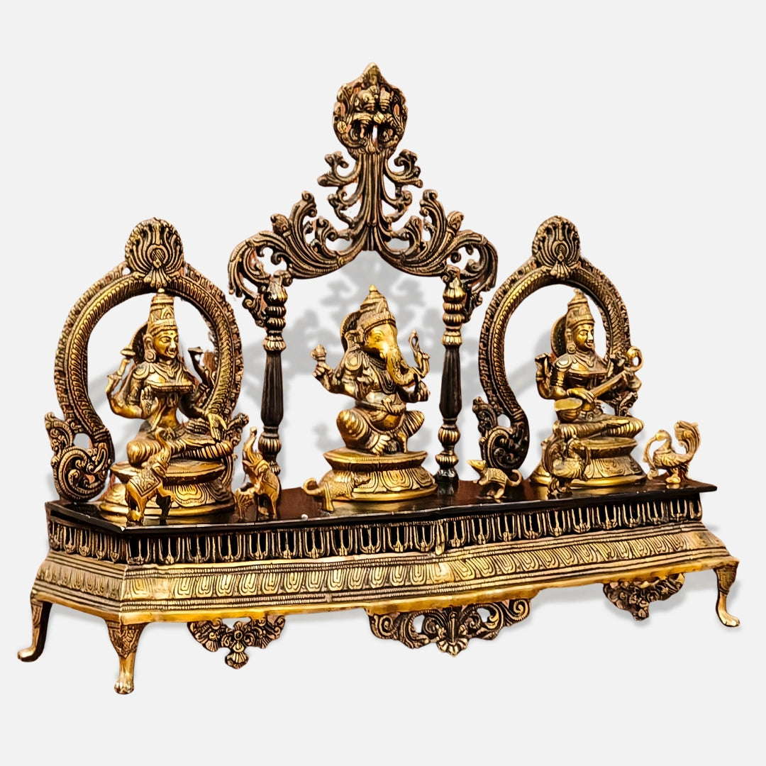 Brass Lakshmi ganesh Saraswati Idol with Singhasan 2side angel image