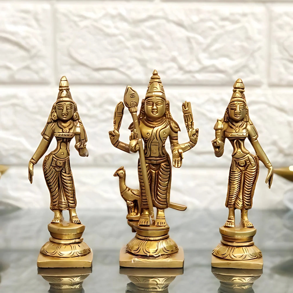 Brass Lord Murgan with Valli adn Deivanai Brass Idol lifestyle view