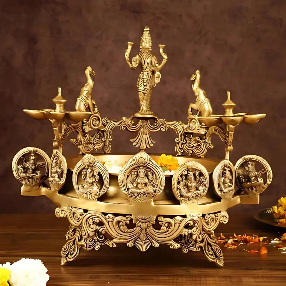 Pooja mandir — brass diya
