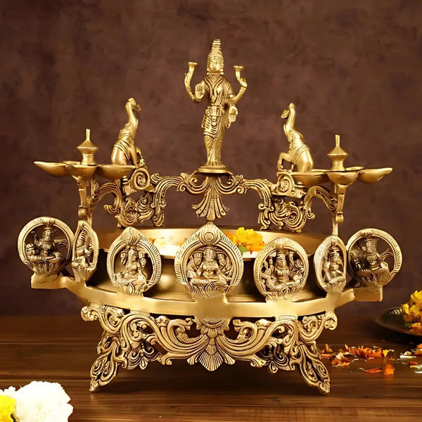 Brass Oil Lamp with Lord Vishnu and Elephant Brass Idol