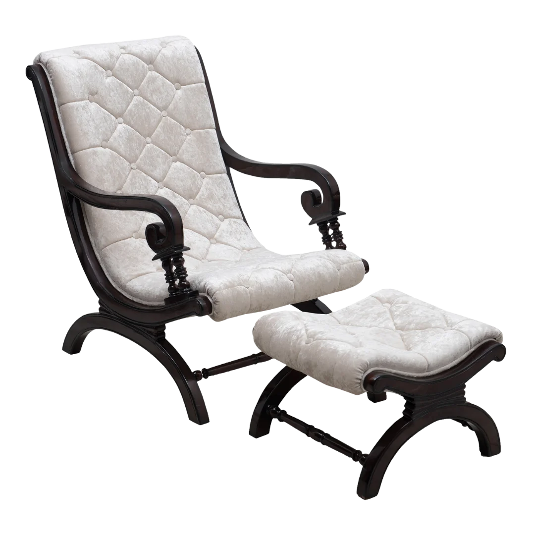 Butros Fabric Upholstered Aaram Chair with FootRest (Brown Silver) front view side angle