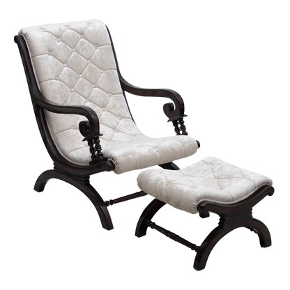 Butros Fabric Upholstered Aaram Chair with FootRest (Brown Silver) front view side angle