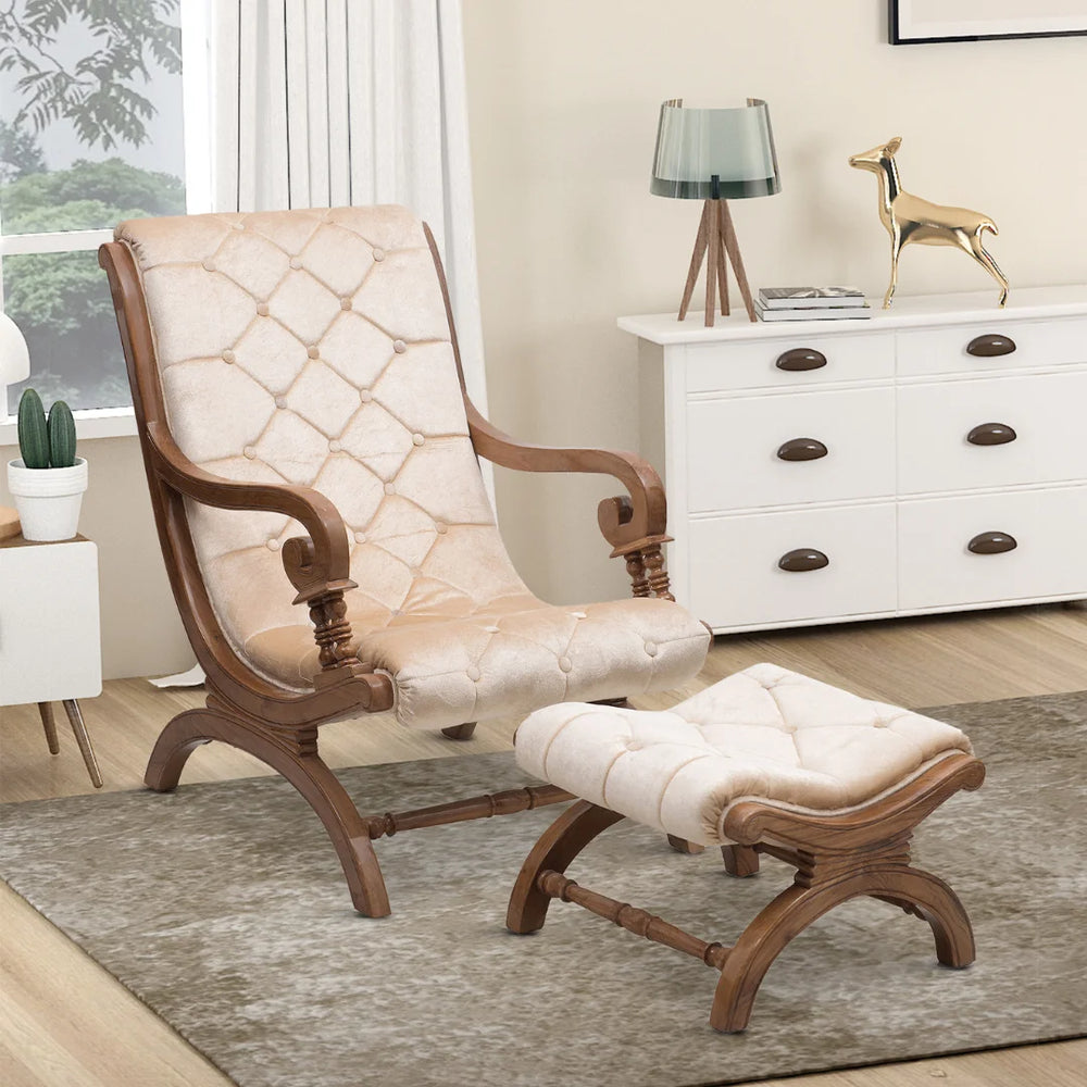 Butros Fabric Upholstered Aaram Chair with FootRest (Teak Gold) lifestyle view