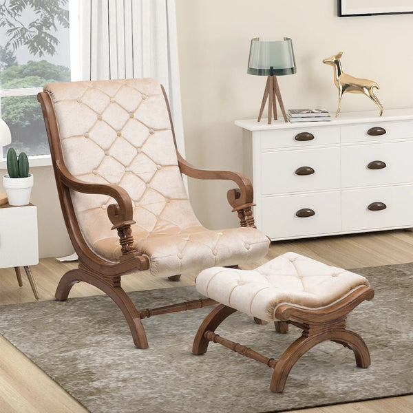 Butros Fabric Upholstered Aaram Chair with FootRest (Teak Gold) lifestyle view
