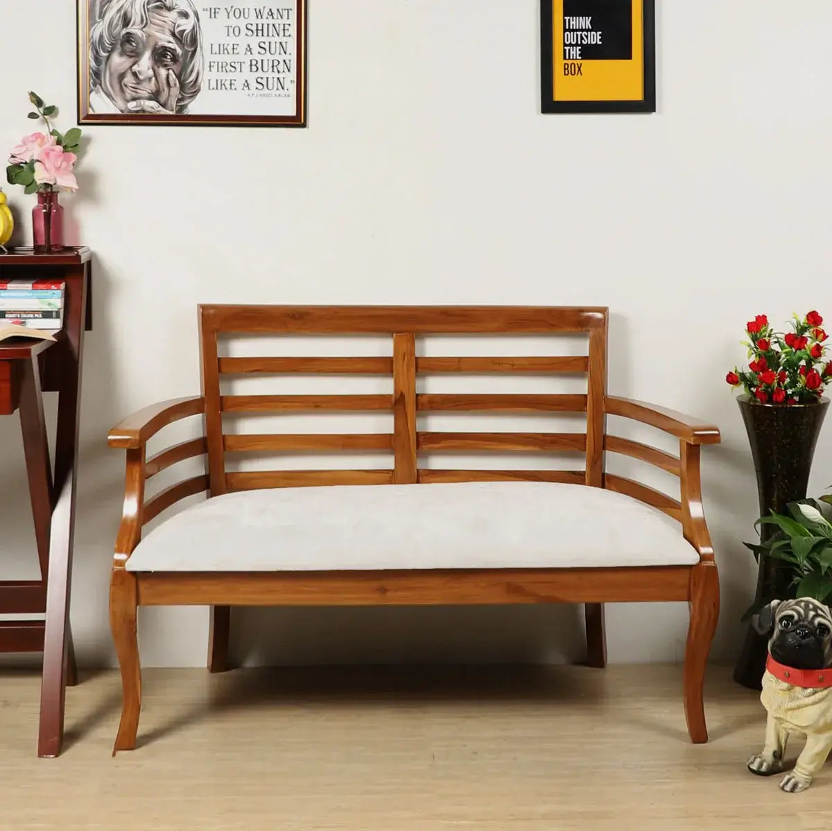 Carile Solid Wood Love Sofa in Teak color lifestyle image
