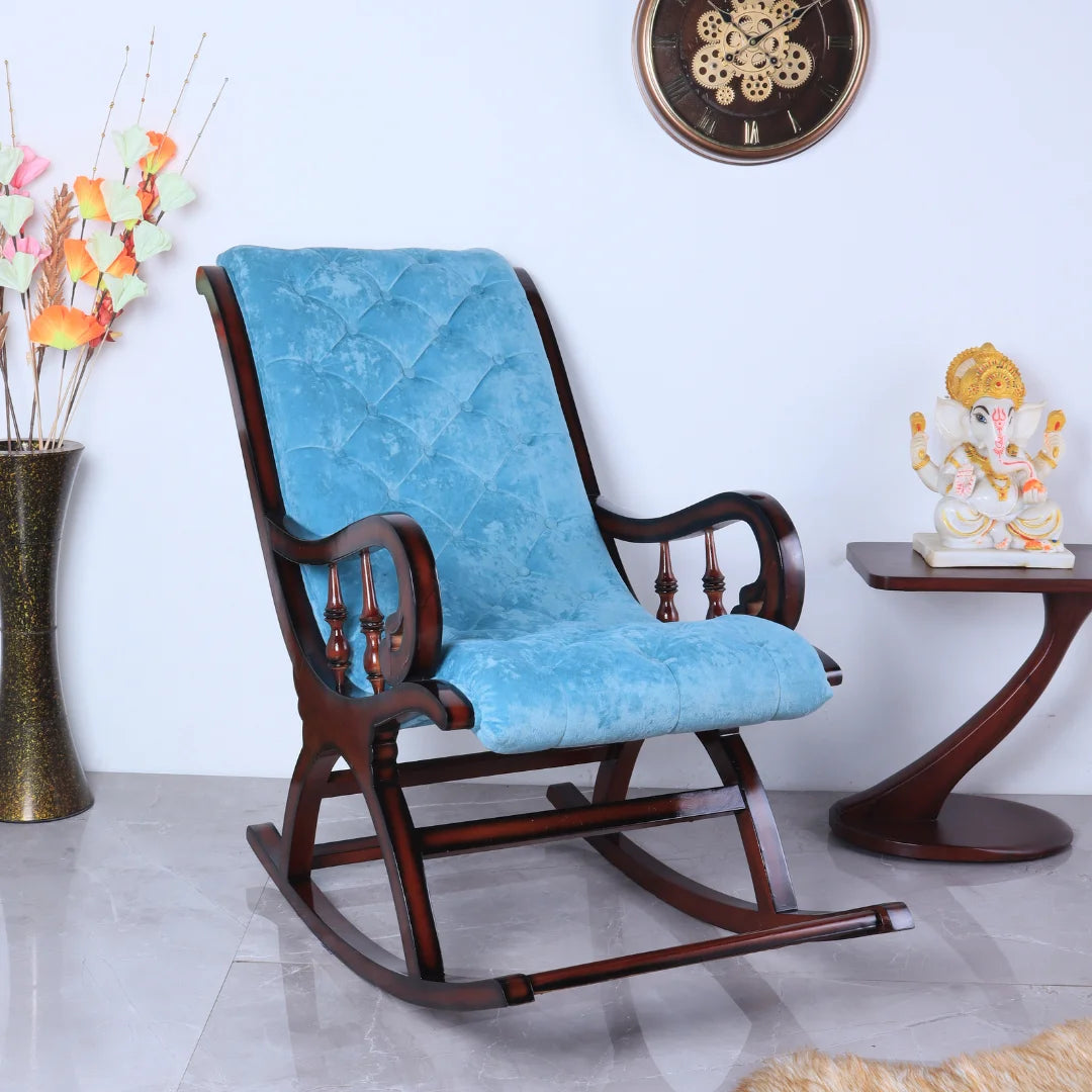 Colorodo Teak Wood Fabric Rocking Chair (Brown Blue) lifestyle view