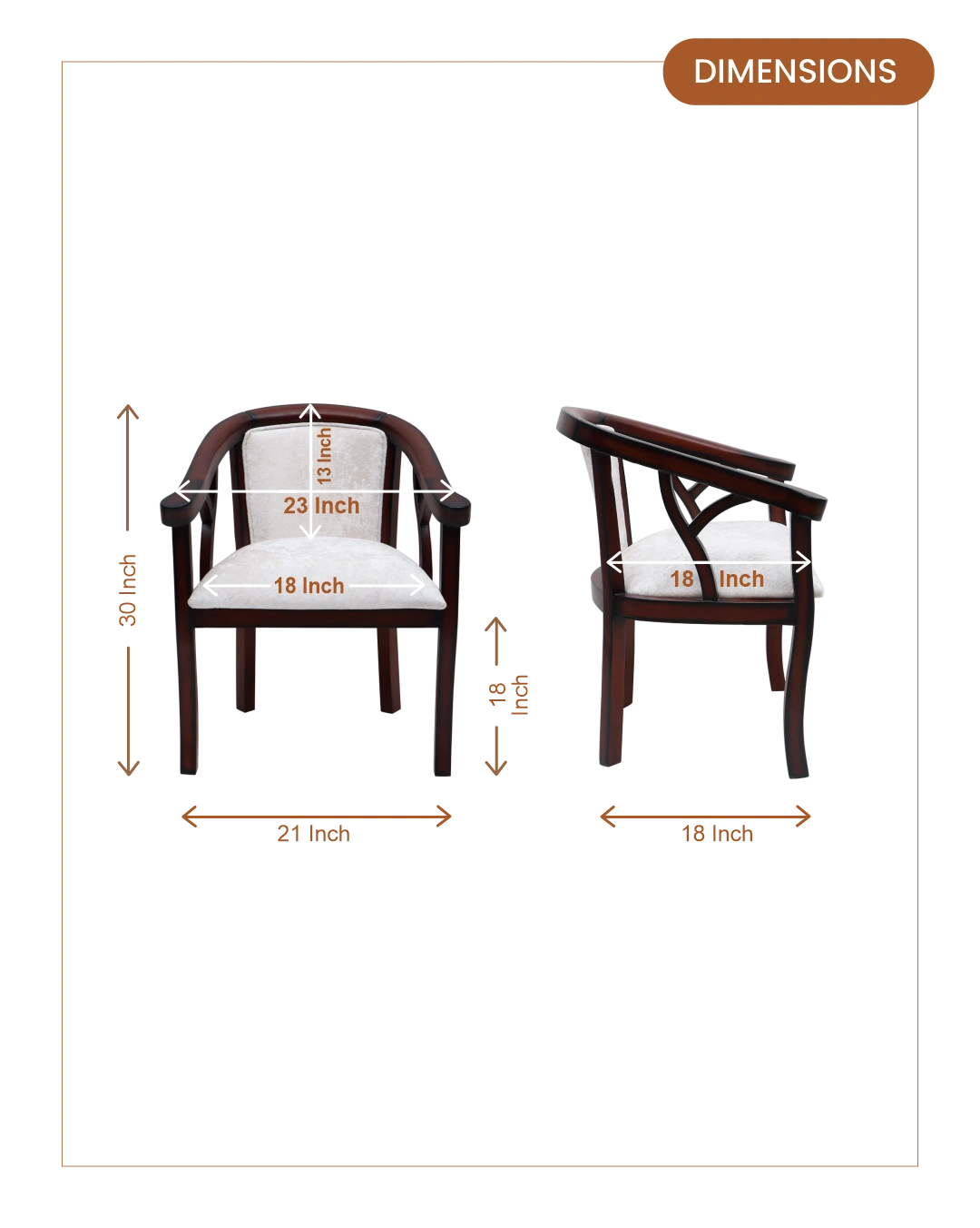 Comfy Teak Wood Fabric Upholstered Arm Chairs (Brown Silver) dimensions