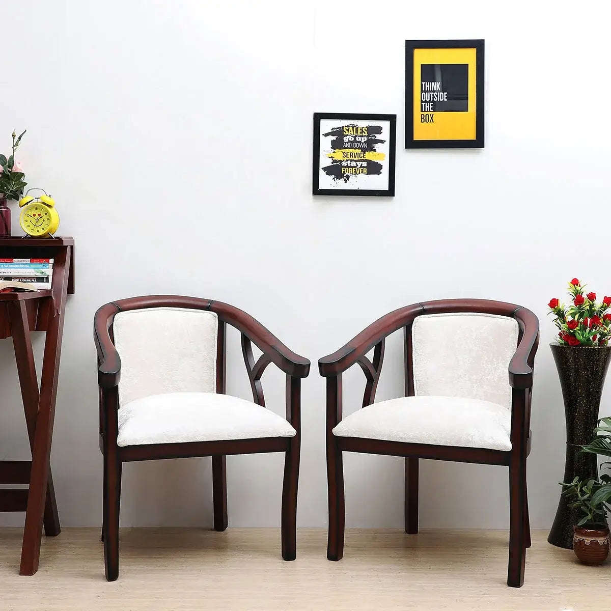 Comfy Teak Wood Fabric Upholstered Arm Chairs Brown Silver color lifestyle image
